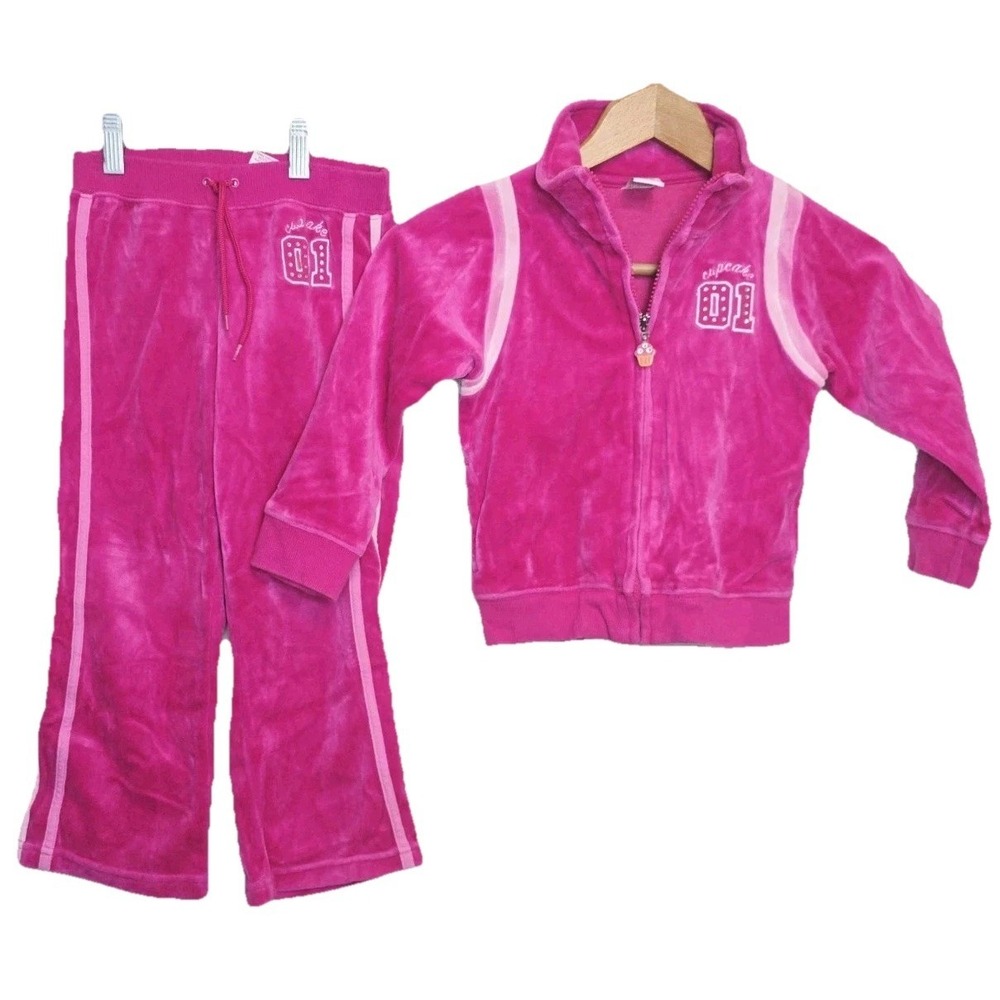Vintage 2003 Gymboree Pink Sweet‎ Cupcake Velour Jacket Pants Track Suit Size 5
